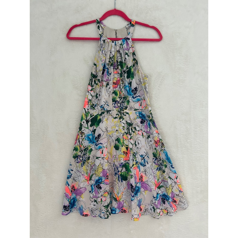 Floral Halter Neck Pleated Mini Dress Colorful Botanical Print Fit & Flare